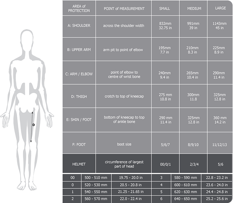 TECHPEACE body armour size chart